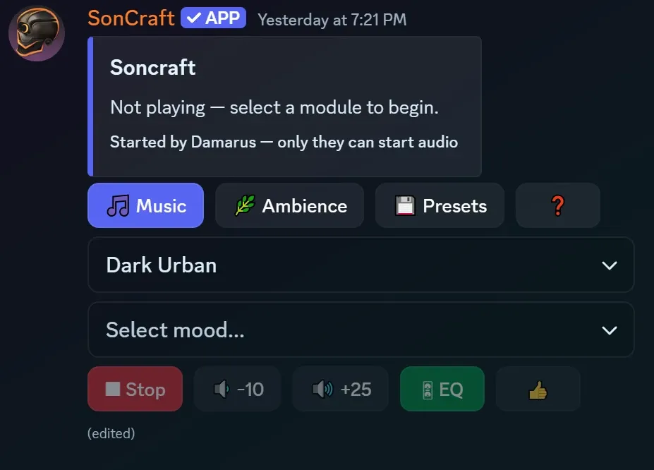 The classic /play dashboard: status card on top, Music/Ambience/Presets tabs, module and mood dropdowns, and the controls row at the bottom