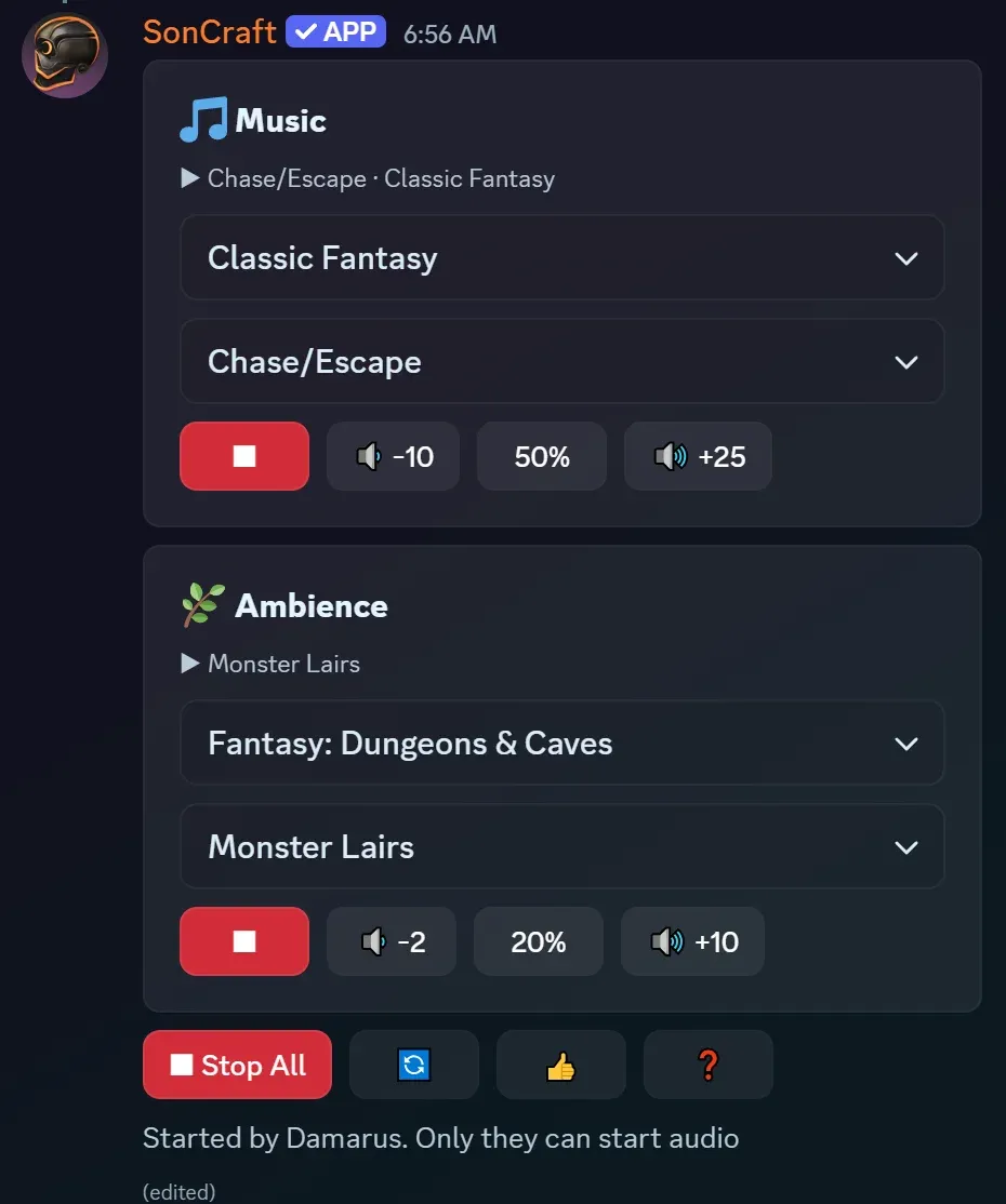 The new /play dashboard: Music and Ambience cards stacked in one view, each with a now-playing line, two dropdowns, and its own controls row, with Stop All at the bottom