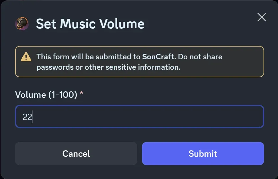 The Set Music Volume form: a single Volume field accepting 1–100, with Cancel and Submit buttons